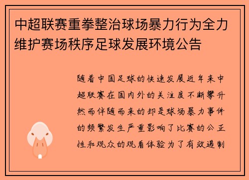 中超联赛重拳整治球场暴力行为全力维护赛场秩序足球发展环境公告